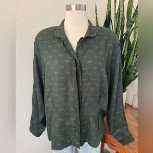 Vintage Jarrod’s Rayon Equestrian Print Button Down Shirt‎ Green Blouse size 14